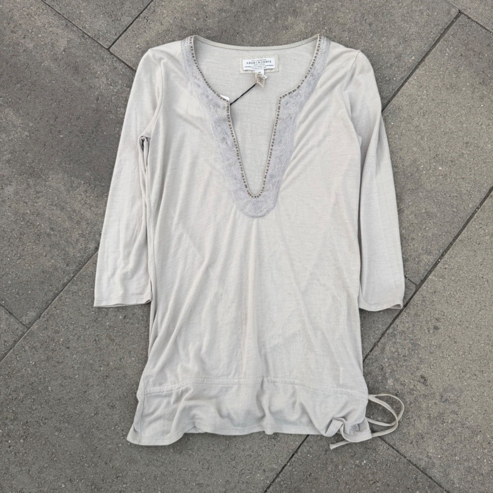 Abercrombie & Fitch Beaded Embroidered V-Neck Tunic Top Beige Medium